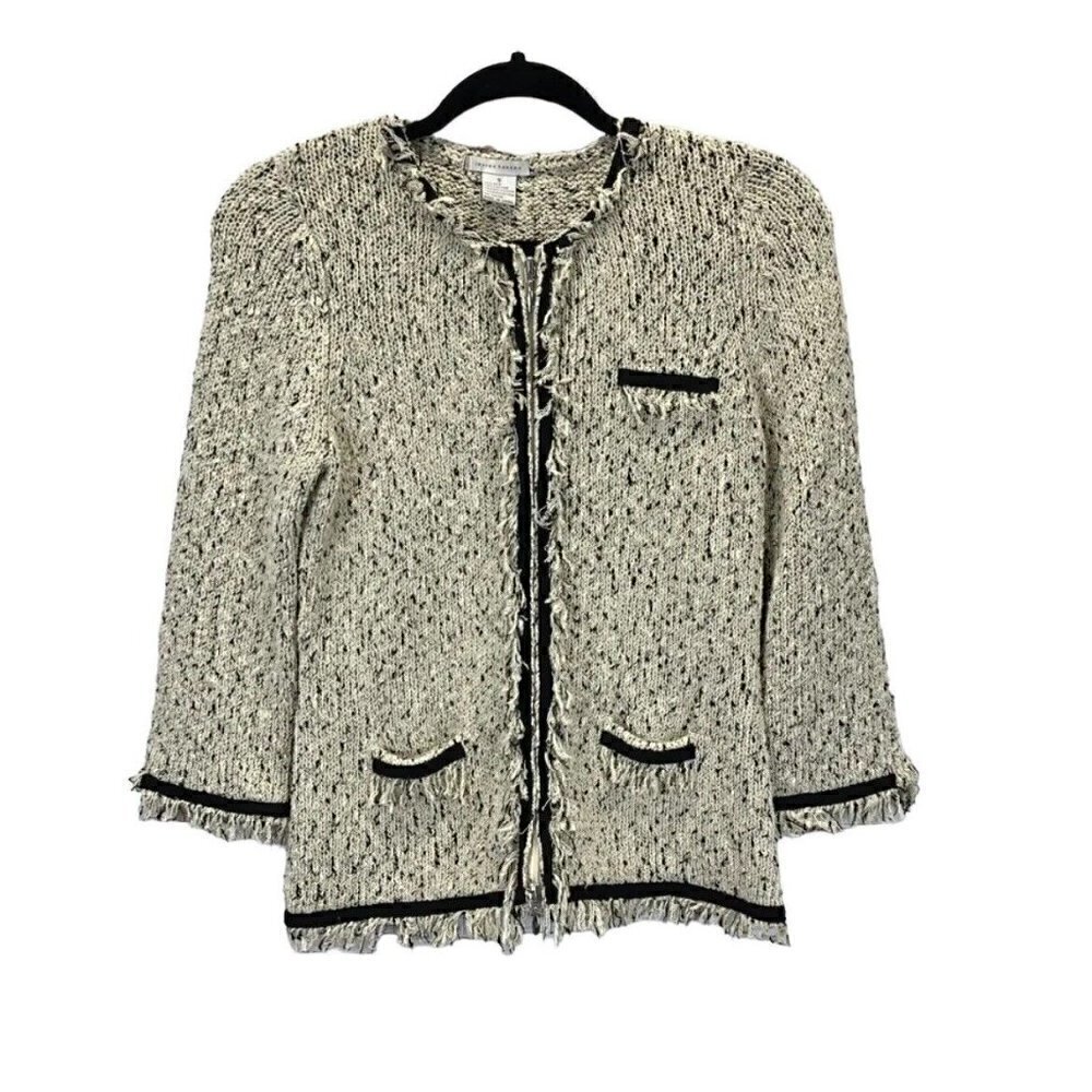 Lauren Hansen Women's Fringe Tweed Silk Cotton Blend Zip Cardigan Sweater Sz S